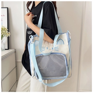 Detail der blau-weißen Canvas-Tasche mit Katzenohren und grauer Netz-Reißverschlusstasche