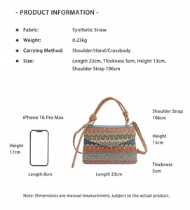 Dimensioni dettagliate della borsa a tracolla in paglia a righe con confronto taglia iPhone