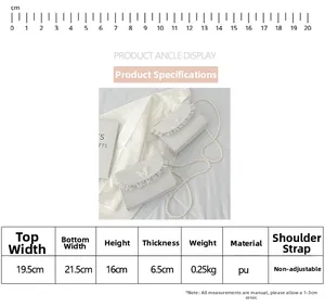 Size chart showing PU leather bag dimensions 21.5x16x6.5cm with pearl strap details