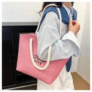 Sac fourre-tout en toile rose avec poignées en corde épaisse et broderie Fashion xing