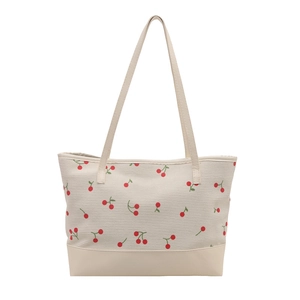 Sac fourre-tout en velours côtelé blanc cassé avec imprimé cerise et fond cuir
