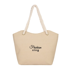 Sac fourre-tout en toile beige avec anses en corde tressée et broderie noire