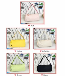 Detailed grid view of lightweight travel duffle bags in five diverse vibrant colors