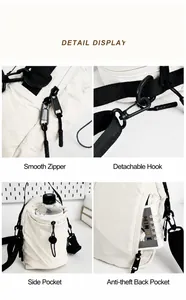 Detalles bolso bandolera nylon: cremalleras suaves, ganchos desmontables y bolsillo lateral práctico