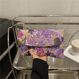 Women's Sequin Floral Embroidered Envelope Bag Bohemian Vintage Chain Shoulder Crossbody Clutch Evening Party Bag