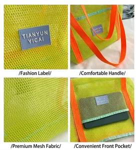 Detailed views of neon green mesh beach bag with orange straps and front pocket