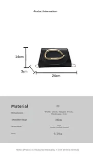 Detailed size chart of a black PU leather clutch bag with a large gold metal handle