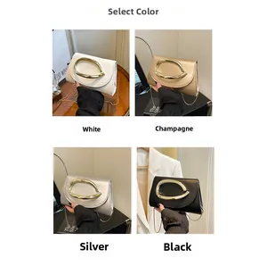 Four color options of stylish mini clutches with gold oval handles and chain straps