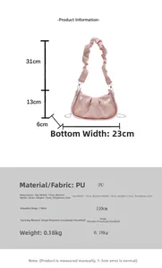Detailed size guide for pink ruched cloud bag with pearl chain and PU leather specs