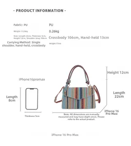 Size guide for woven crossbody bag showing dimensions and iPhone comparison
