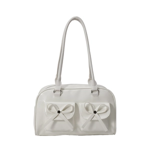 White minimalist PU leather tote bag with silk bows and functional front pockets