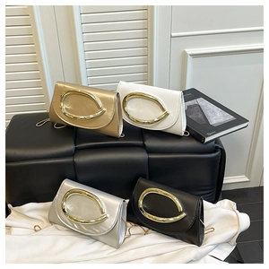 Detail of chic evening clutch bags in gold, silver, black, and white with C-buckle