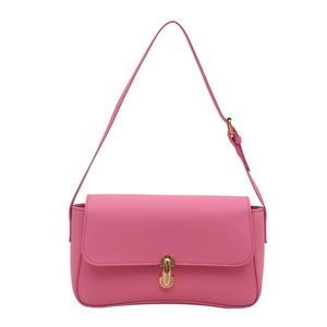 Pink matte leather underarm bag for women with gold oval clasp and curved base