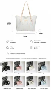 Detailed view of striped tote bag dimensions with wavy texture and soft handle features