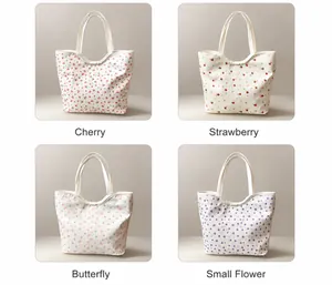 Detail showing four floral canvas bags with cherry, strawberry, butterfly, and flower patterns