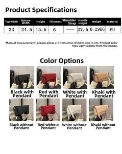 Detailed size chart for minimalist PU leather shoulder bag with dimensions and color options