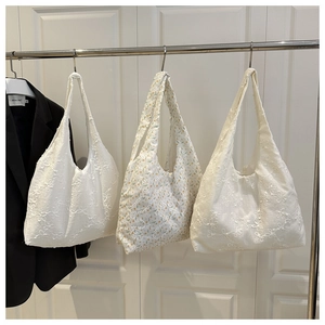 Detailed comparison of embroidered floral chiffon tote bags in white and beige finishes