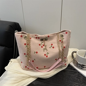 Bolso Tote de Pana con Estampado de Cerezas para Mujer Bolso de Hombro para Estudiantes de Gran Capacidad con Cadena y Colgante Ciervo