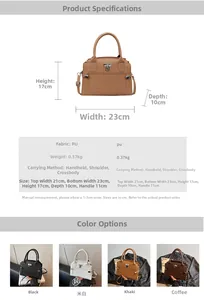 Detail view of large capacity PU leather handbag with metal buckle and dimension chart