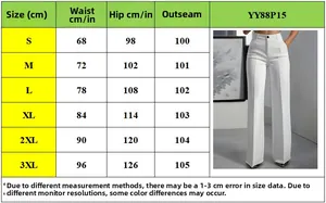 Detailed size chart for high waist straight-leg trousers with waist and hip measurements