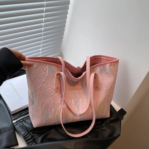 Pink pleated tote bag with colorful wave embroidery and long faux leather straps