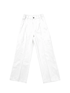 Detail of high waist white wide leg trousers with elastic back waistband and button fly