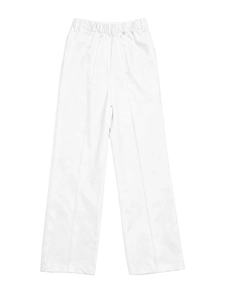 Detail of high-waist white straight trousers with elastic waist and front crease