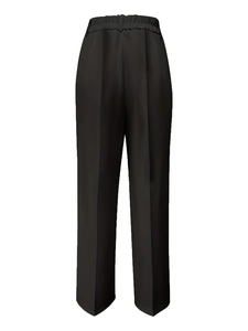 Detailed view of women's high waist trousers featuring elastic pleats and center press lines