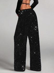Detailed back view of high-waist black sequin wide-leg trousers for party style
