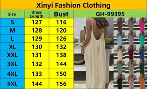 Size chart for backless summer maxi dress showing bust and length from size S to 5XL