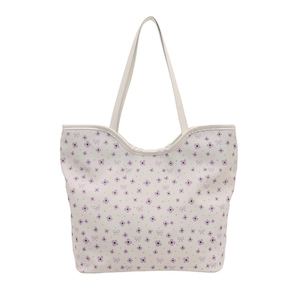 Floral print canvas tote bag featuring purple flowers and bow patterns in a sleek design