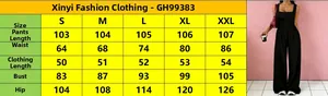 Size guide for the sleeveless top and wide-leg pants set showing detailed measurements