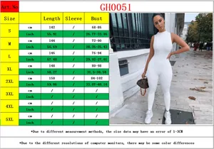 Size chart for white sleeveless polyester jumpsuit with detailed length and bust measurements