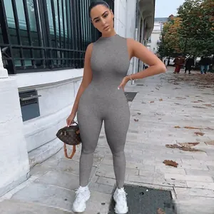 Detail of dark grey sleeveless jumpsuit in breathable knit fabric for a sporty casual look