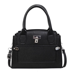 Chic black litchi pattern leather handbag with silver lock and adjustable shoulder strap