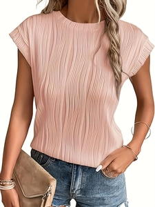 Detail shot of pink short-sleeve top featuring premium pleated texture and crew neck