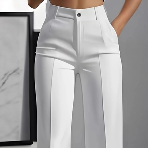 Elegant white high-waisted wide-leg trousers with front crease and button waist detail