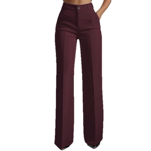Pantaloni da completo a vita alta da donna bordeaux con gamba larga e piega centrale
