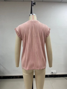 Detailed view of pink textured pleated short sleeve top with a classic round neck design