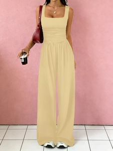 Women's yellow square neck sleeveless crop top and wide-leg trouser two-piece set