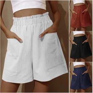 Details von Baumwolle-Leinen-Shorts mit Paperbag-Taille und großen Seitentaschen