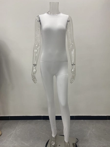 Detailed view of a white sleeveless slim fit jumpsuit made of high elastic polyester
