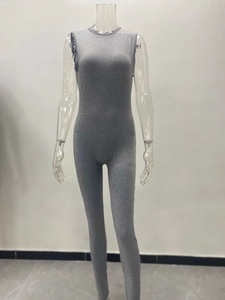 Close-up of a grey sleeveless bodysuit featuring premium marl texture and crew neck