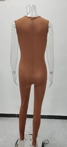 Rear view of brown sleeveless jumpsuit showing slim fit design and back seam stitching detail