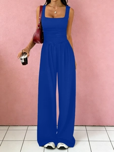 Women's royal blue sleeveless top and wide-leg pants set with a chic square neck design