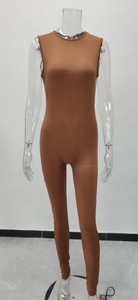 Detail of the brown sleeveless crew neck bodysuit made from stretchy polyester knit