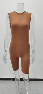 Detailed front view of a brown sleeveless high-elasticity bodysuit on a mannequin