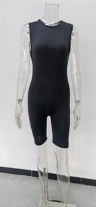 Detailed view of black sleeveless compression jumpsuit with high-elastic ribbed knit fabric