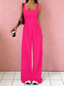 Chic rose pink square neck sleeveless top and wide leg pant set for casual summer wear