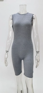 Close-up of heather grey sleeveless romper with premium knit texture and bodycon fit